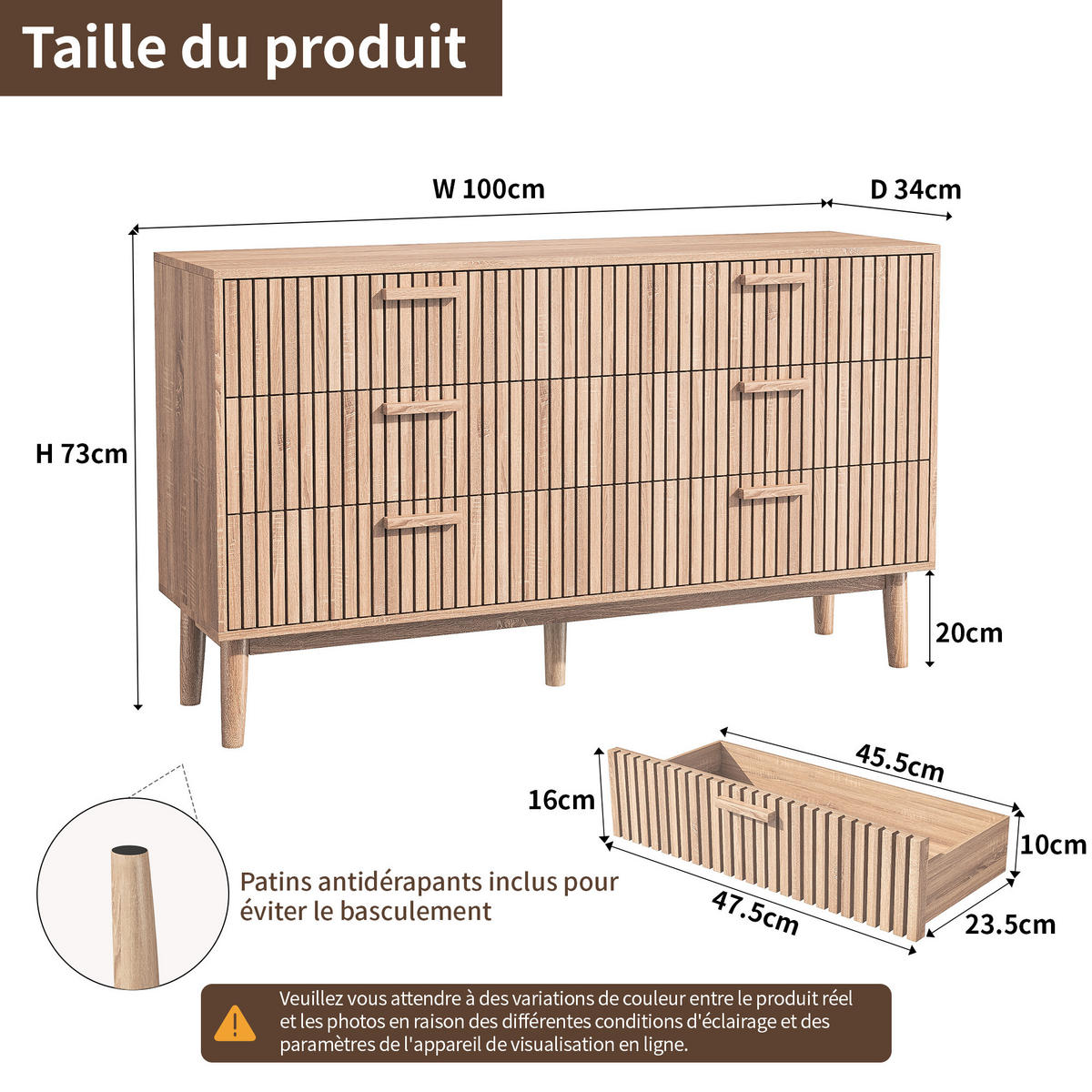 KOMMODE 100x34x73 cm 6 Schubladen geriffelt Stauraum Holz - Naturfarben, Holz (34/73/100cm) - Fortuna Lai