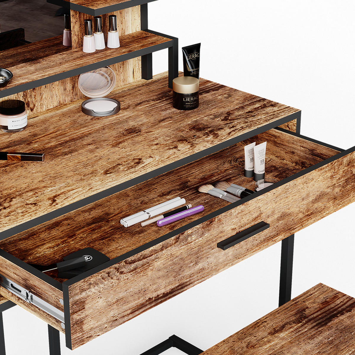SCHMINKTISCH Fyrk Antikholz 80 cm mit LED Beleuchtung und Stuhl - Alteiche/Schwarz, Holzwerkstoff (80/135.5/40cm) - Vicco