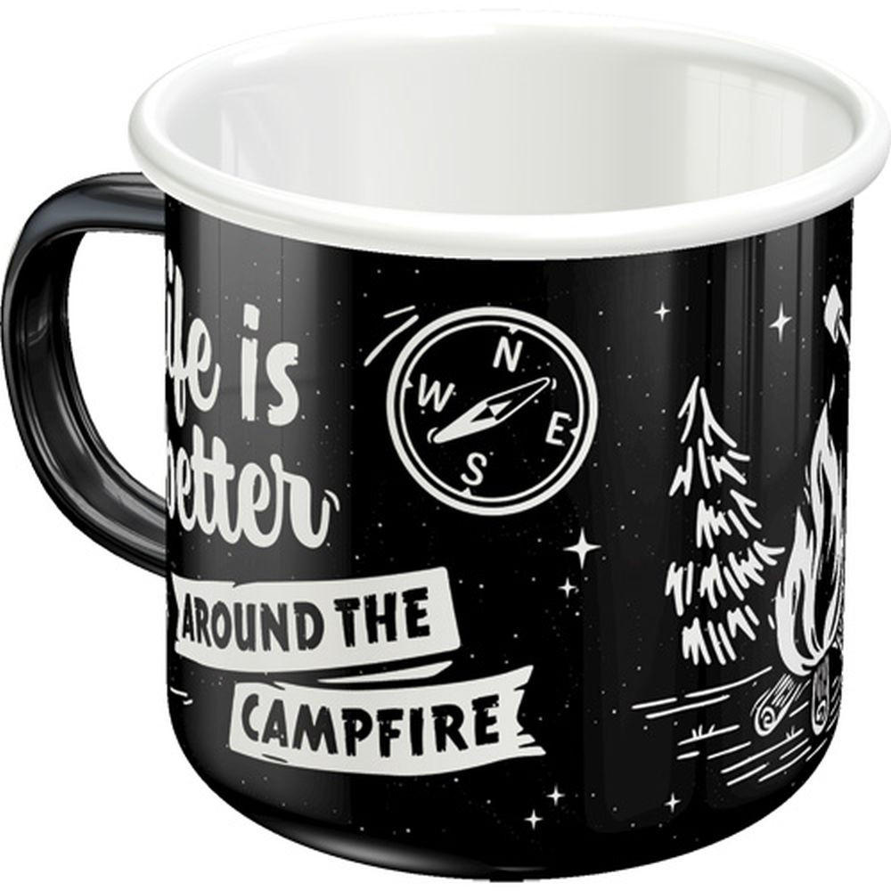 EMAILLE-BECHER 360 ml Outdoor & Activties Life Is Better Around The Campfire - Schwarz/Weiß, Metall (0.36L) - Nostalgic-Art