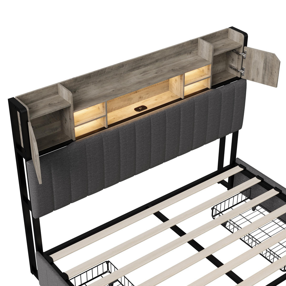 STAURAUMBETT 140/200 cm aus Leinen, mit 4 Schubladen, LED, Grey - Grau, Holzwerkstoff (140/200cm) - Brevoria