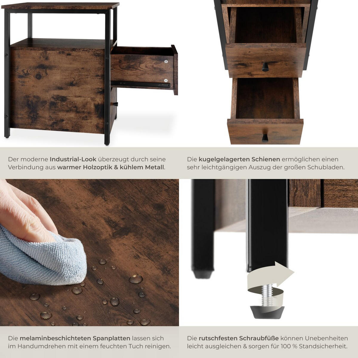 NACHTSCHRANK Tullamore, 30 x 49,5 x 61,5 cm, Industrial Holz dunkel, rustikal - Rostfarben, Holzwerkstoff (30/61.5/49.5cm) - tectake