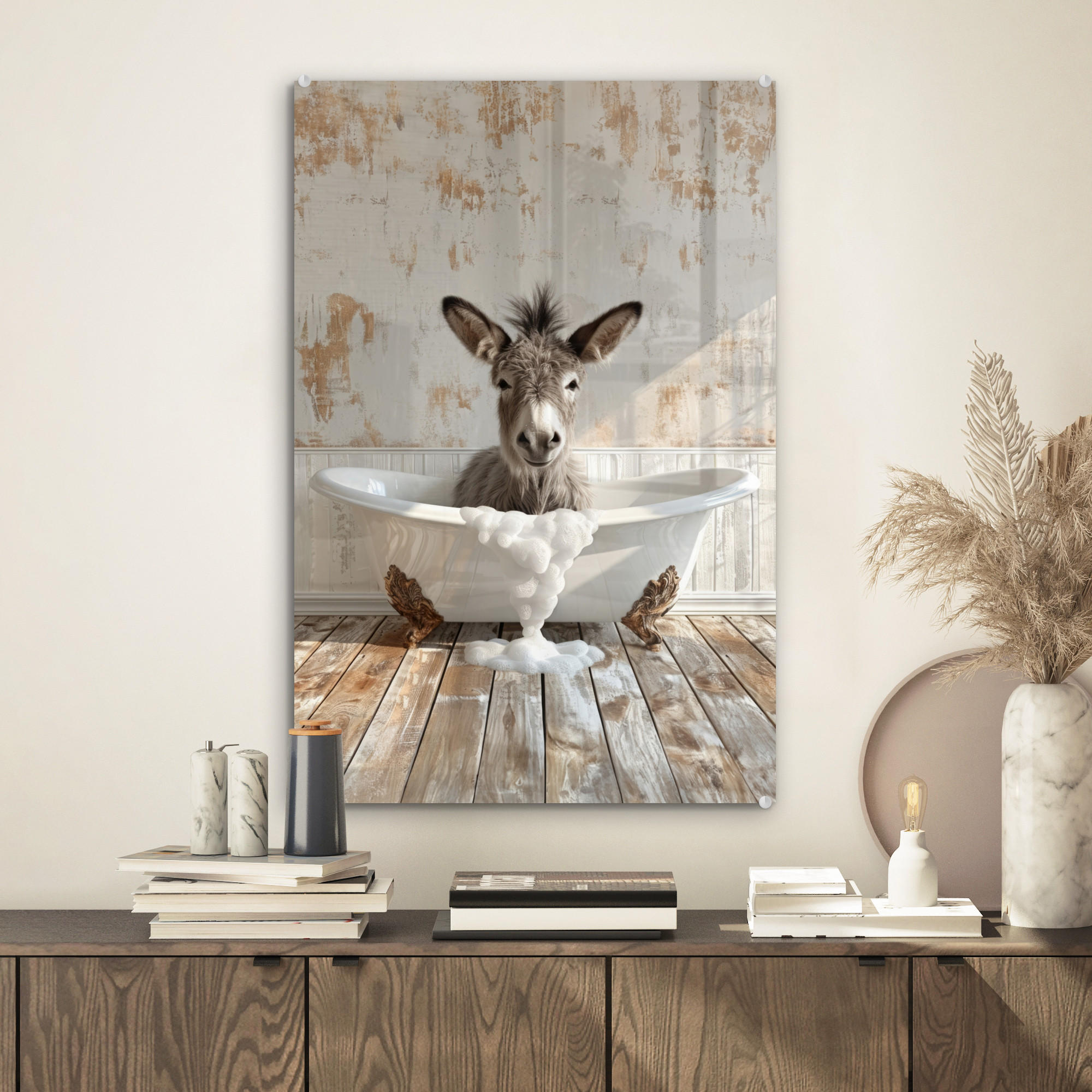 ACRYLGLASBILD Esel - Tiere - Badewanne - Schaumstoff 40x60 cm - Weiß, Glas (40/60cm) - MuchoWow