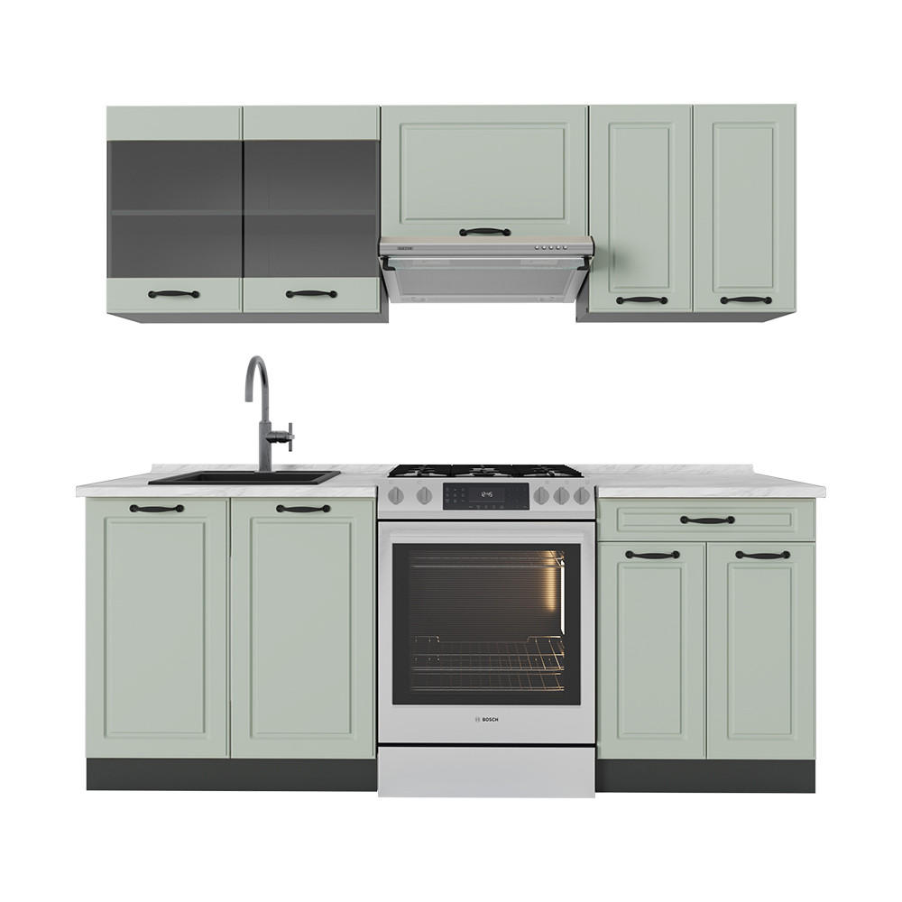 KÜCHENZEILE R-Line, Mint Landhaus/Anthrazit, 200 cm Arbeitsplatte Marmor - Anthrazit/Grün, Holzwerkstoff (200/81.6/60cm) - Vicco
