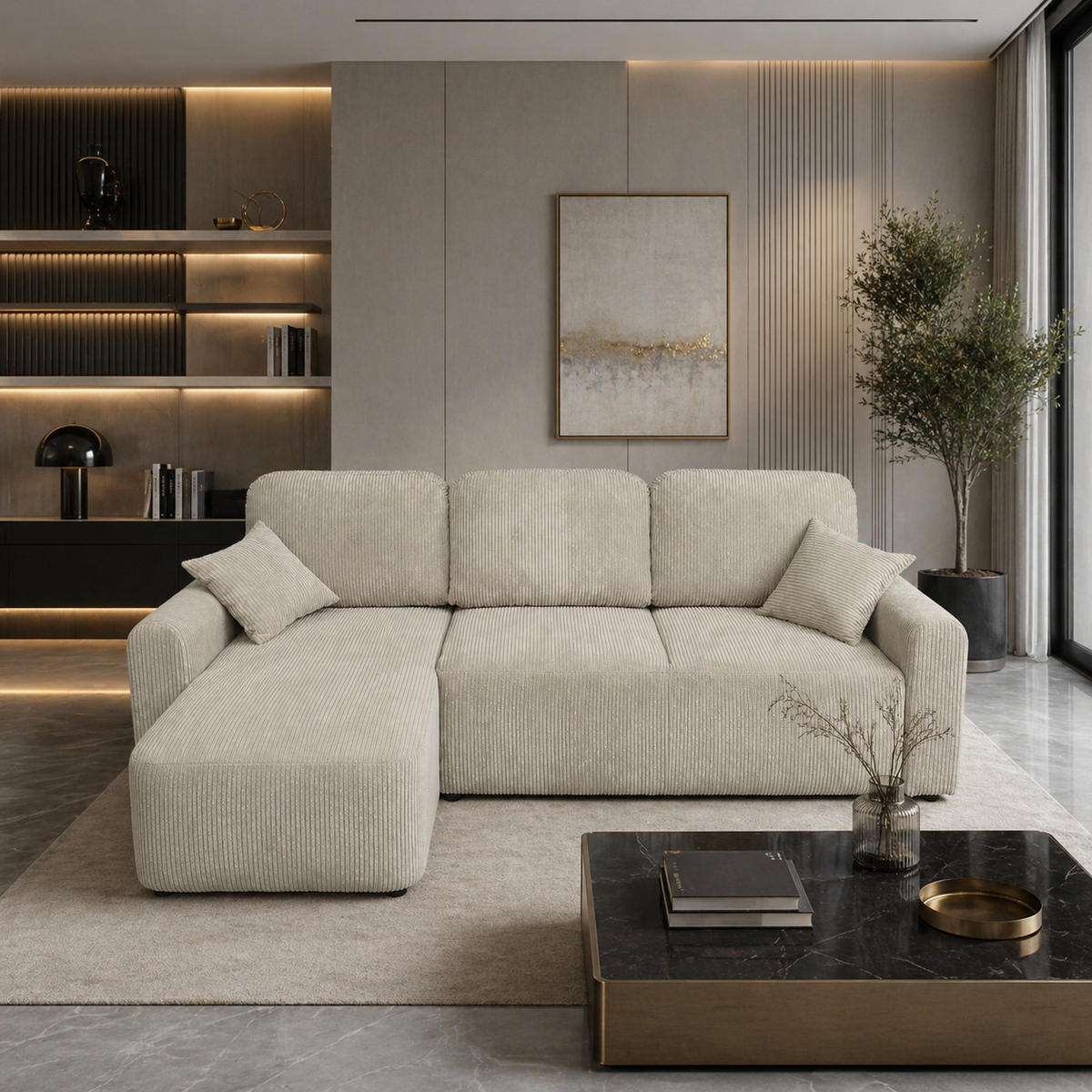 ECKSOFA HENRY in kalt Beige mit Schlaffunktion und Bettkasten - Greige, Textil (232/150cm) - KS Home Concept