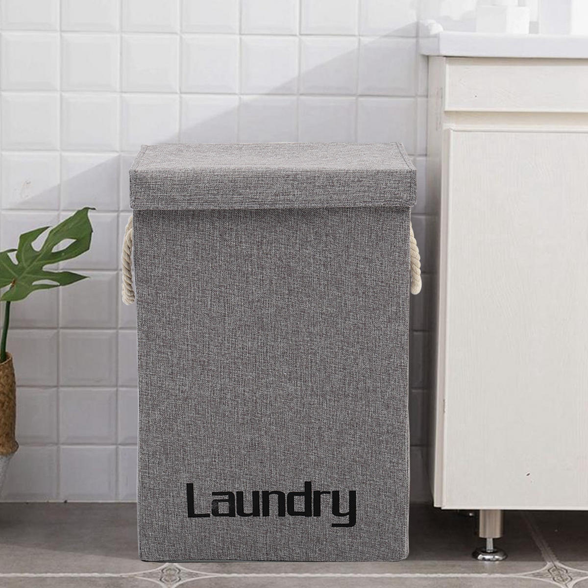 WÄSCHEKORB aus Leinen in Grau faltbar mit Deckel und Hanfseilgriffen Leicht zu transportieren Vielseitig einsetzbar 40 × 30 × 60 cm - Grau, Textil (30/60/40cm) - Livingandhome