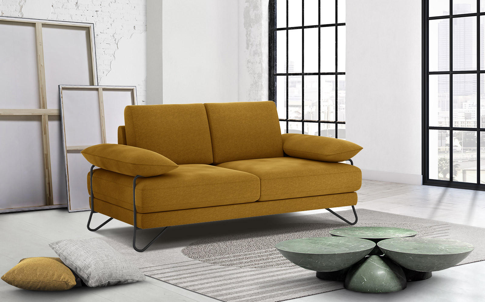 SOFA LORI 2-Sitzer, gelb - Gelb/Schwarz, Holzwerkstoff/Textil (185/87/96cm) - Courtois Laville