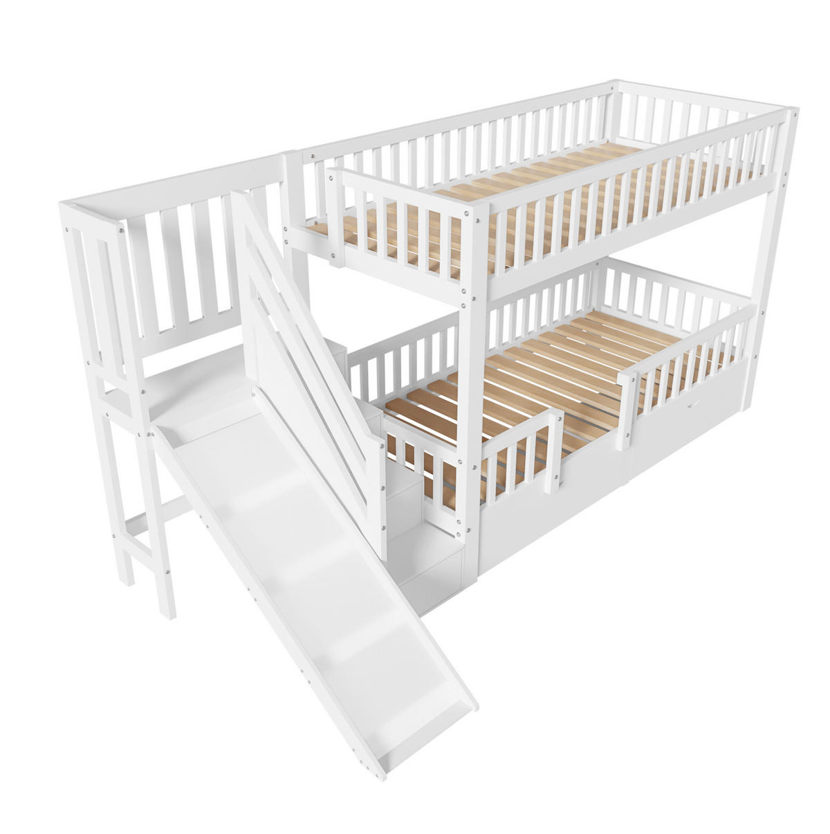 ETAGENBETT 90/200 cm weiß aus Massivholz mit Rutsche und Treppe - Weiß, Holz (90/200cm) - OKWISH