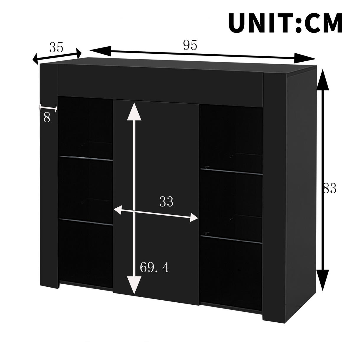 SIDEBOARD 95/35/83 cm aus Spanplatte mit Hochglanz-Front und Glasregalen Schwarz - Schwarz, Holzwerkstoff (95/83/35cm) - Modenvie