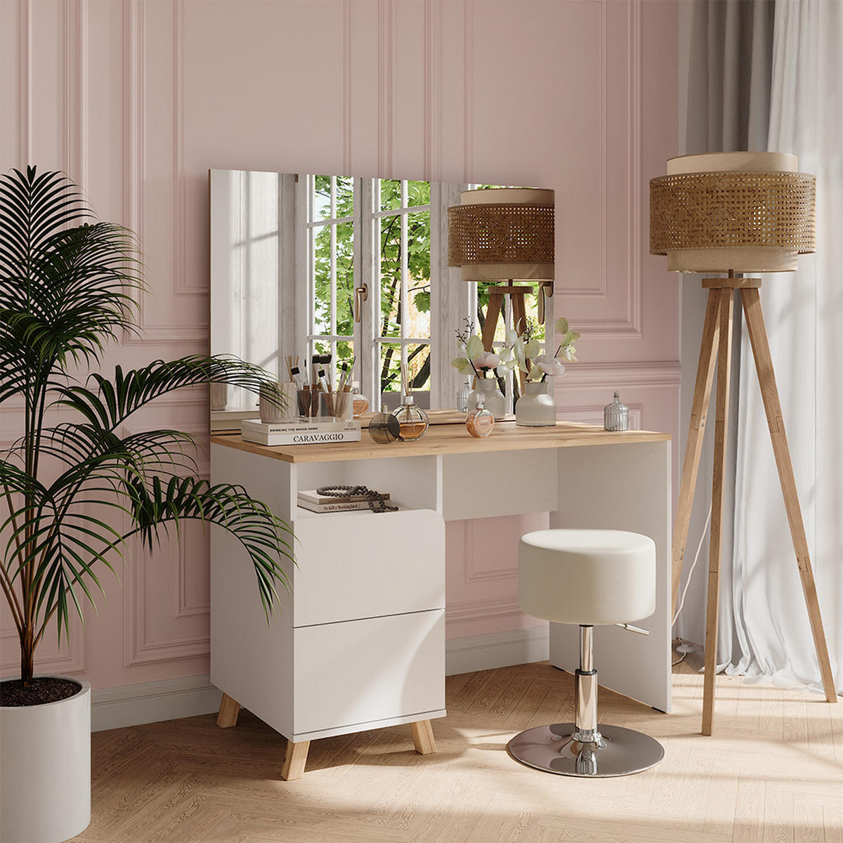 SCHMINKTISCH Karen Weiß/Artisan 110 cm mit Hocker - Weiß/Eiche Artisan, Holzwerkstoff (110/75/55cm) - Vicco
