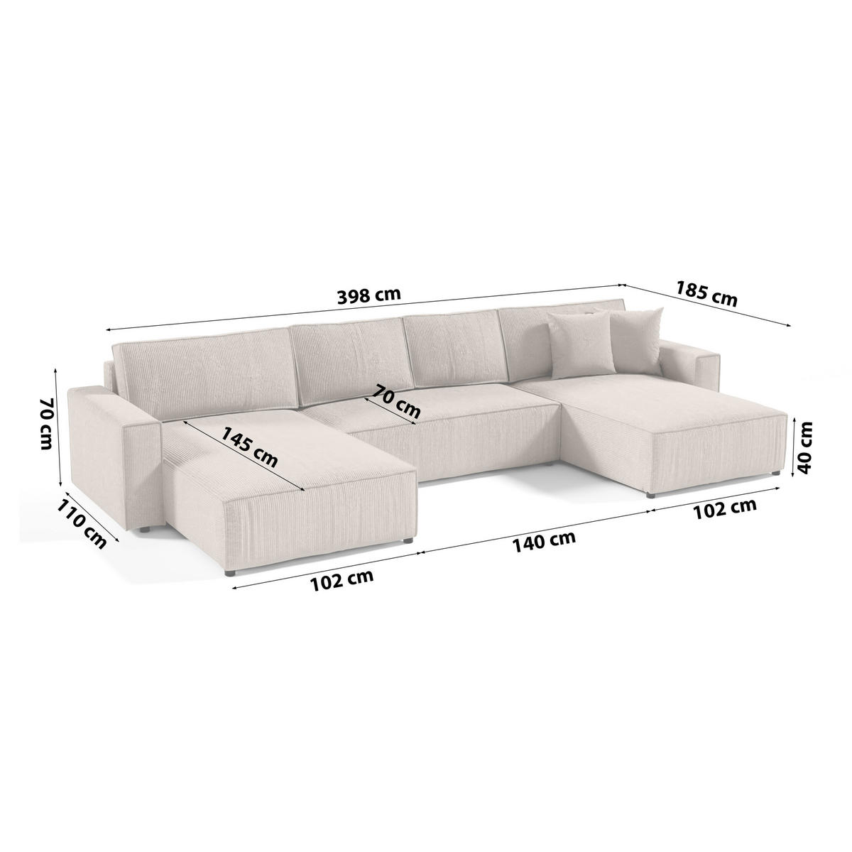 WOHNLANDSCHAFT Sekwana U Beige - Beige, Naturmaterialien (185/70/398cm) - Fedve