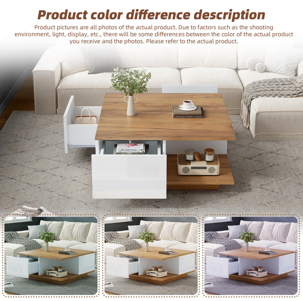 COUCHTISCH 70/70/31.5 cm Weiß/Walnuss aus Spanplatte mit 3 Schubladen - Weiß, Holzwerkstoff (70/70/31.5cm) - OKMYHOME