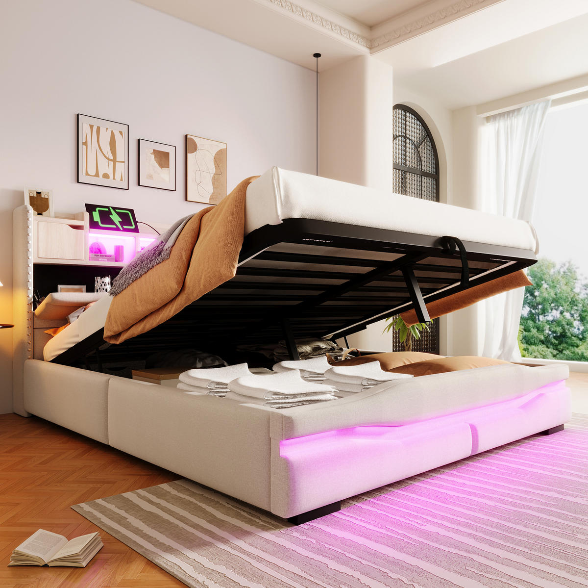 POLSTERBETT aus Leinen 160x200 cm in Beige mit LED-Beleuchtung & USB-C - Beige, Textil (160/200cm) - Modfu