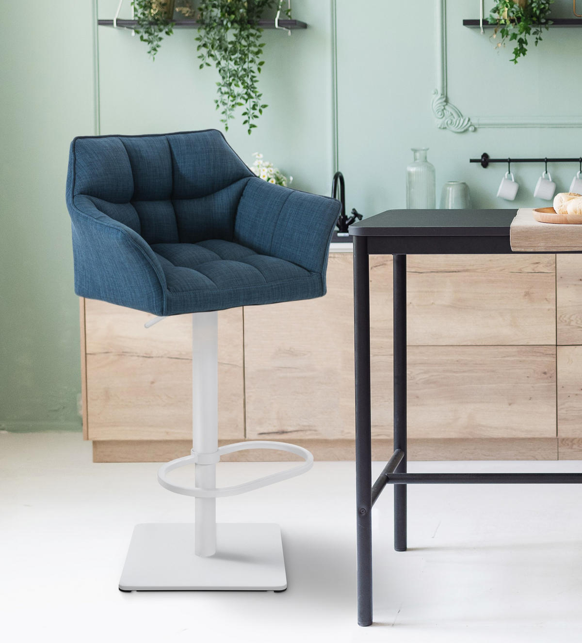 BARHOCKER Stoff Blau - Blau/Weiß, Textil/Metall (64/88/45cm) - CLP