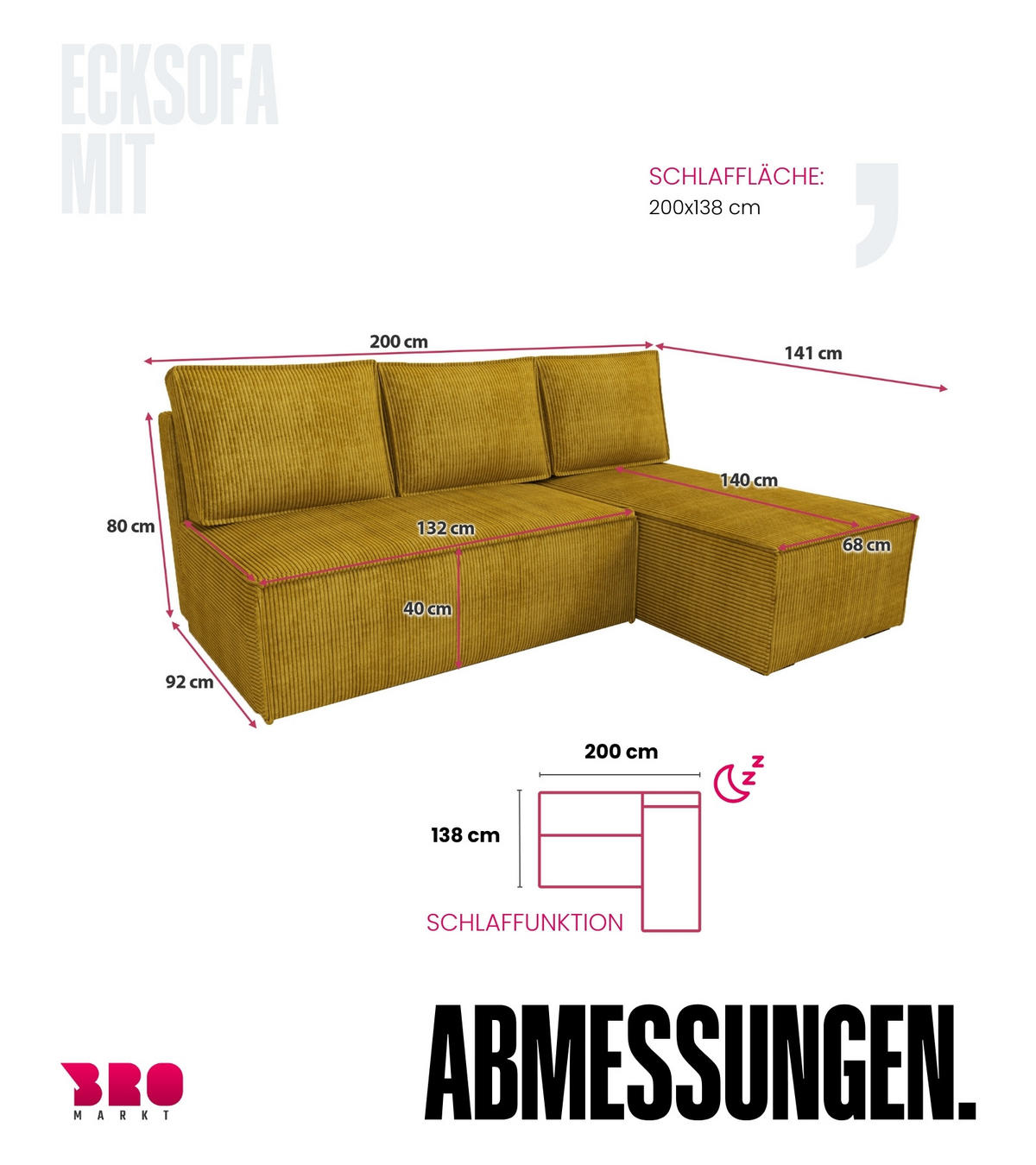 ECKSOFA Hector mit Schlaffunktion Gelb Cord - Gelb, Textil (200/141cm) - Bromarkt