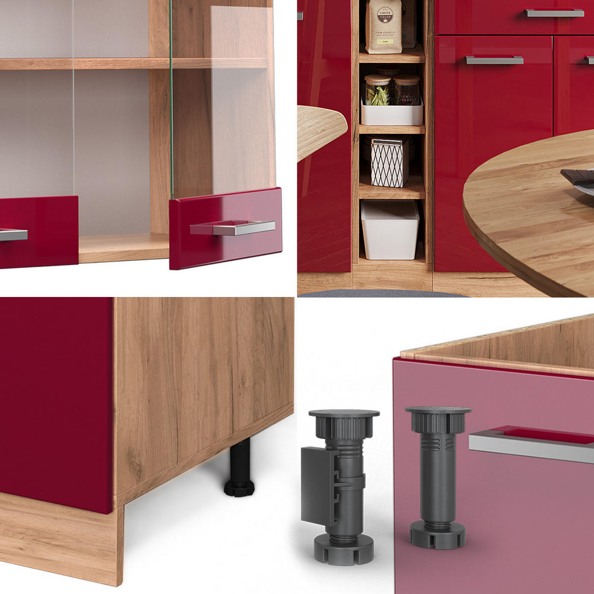 SINGLEKÜCHE R-Line Bordeaux Hochglanz/Goldkraft Eiche 160 cm ohne AP - Bordeaux/Eiche Wotan, Holzwerkstoff (160/81.6/46cm) - Vicco