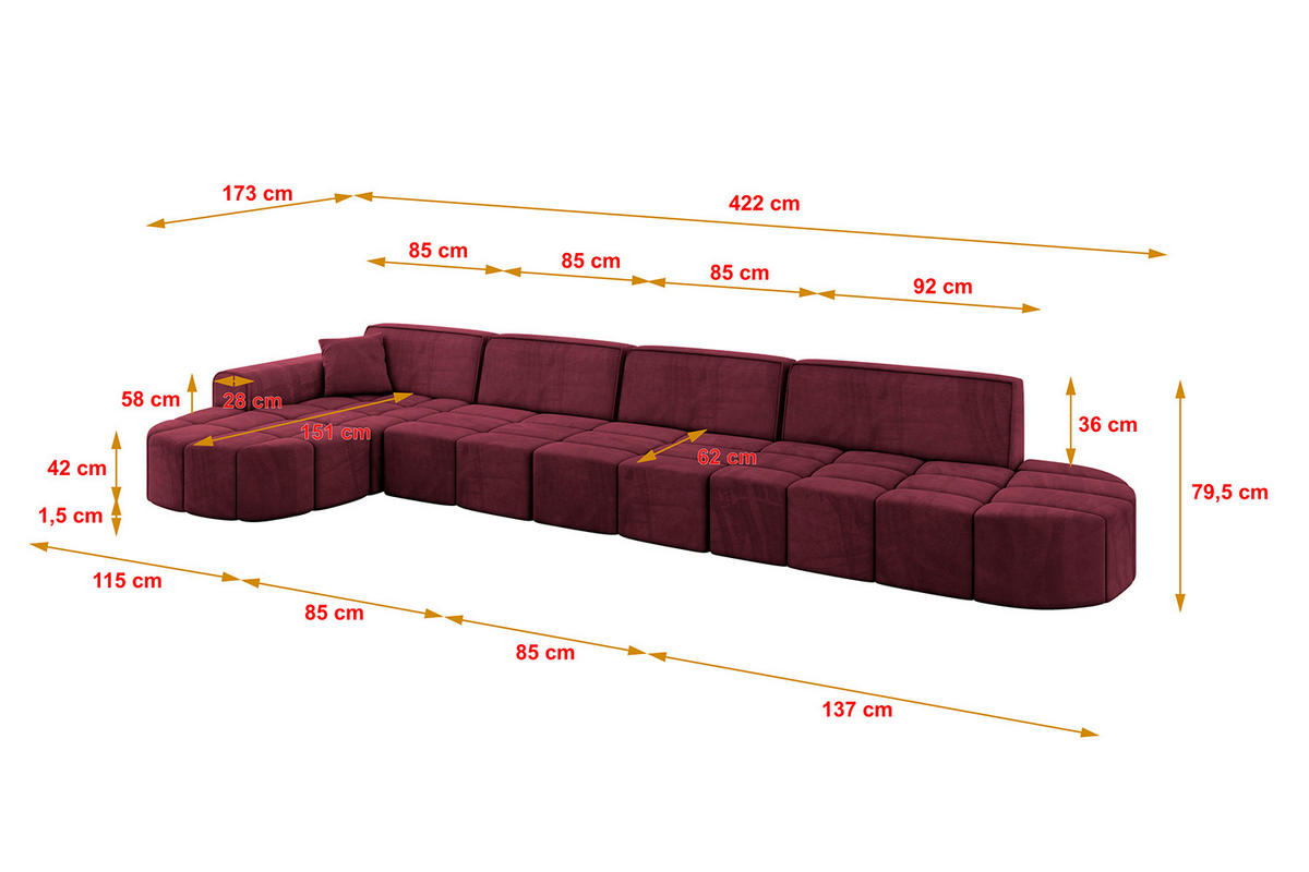 ECKSOFA Ottomane Links LIVO-L3 - 422x173x79,5 cm Bordeauxrot - Bordeaux, Holzwerkstoff/Textil (422/173cm) - ALTDECOR