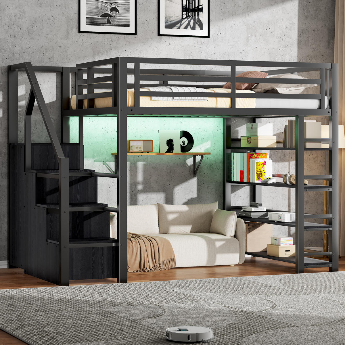 HOCHBETT 140/200 cm in Schwarz mit Regal, Kleiderschrank, Stauraumtreppe und LED - Schwarz, Holzwerkstoff/Metall (140/200cm) - STILVORA