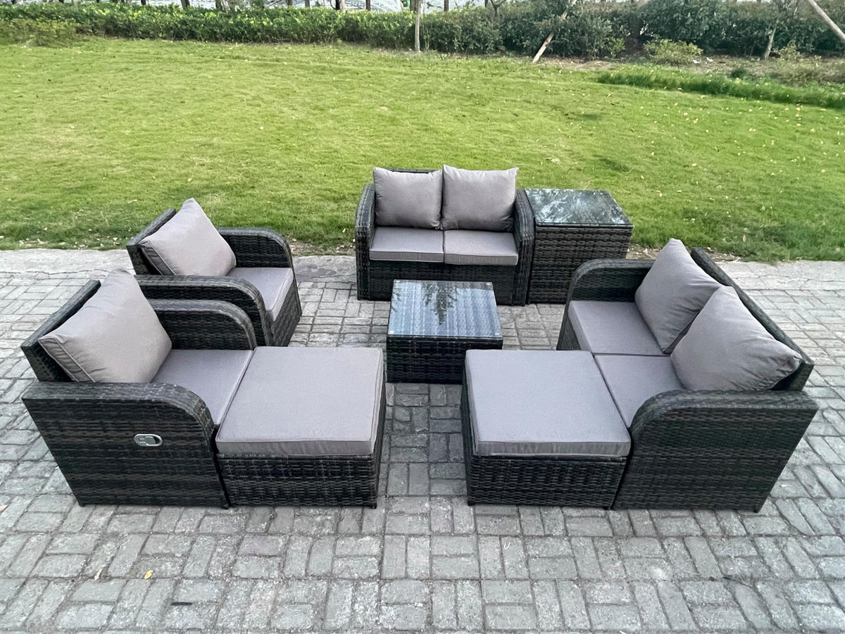 GARTENMÖBELGARNITUR Polyrattan Dunkelgrau 8-Sitzer - Dunkelgrau, Metall - Fimous