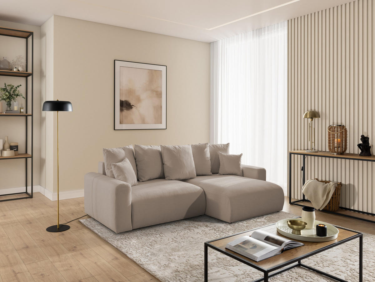 ECKSOFA Calma mit Schlaffunktion und Bettkasten im Bumpy-Design aus weichem Greige Webstoff - Ottomane rechts - Greige/Schwarz, Holz/Kunststoff (140/239cm) - S-Style