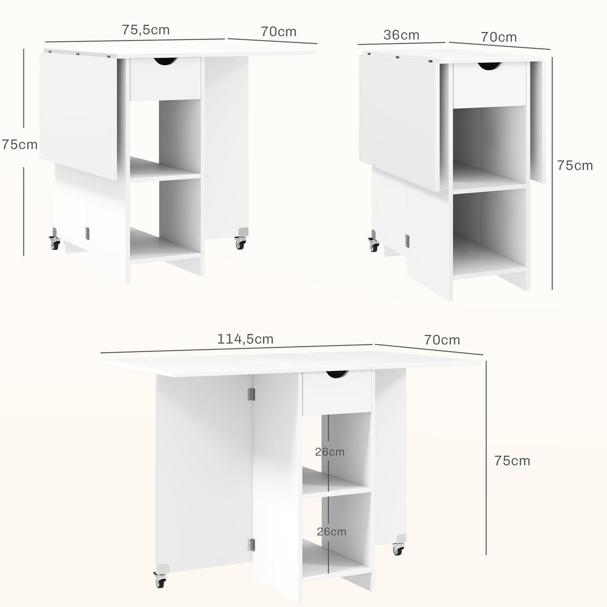 ESSTISCH Klappbarer Mobiler Küchentisch für 2-4 Personen, 114,5 x 70 x 75 cm, Weiß - Weiß, Holzwerkstoff (70/114.5/75cm) - HOMCOM