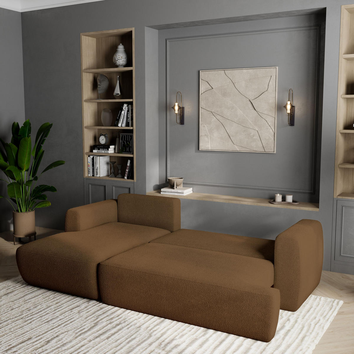 ECKSOFA SENTI N L-S Braun Boucle-Stoff mit Schlaffunktion - Braun, Holz (246/148cm) - MASSENO