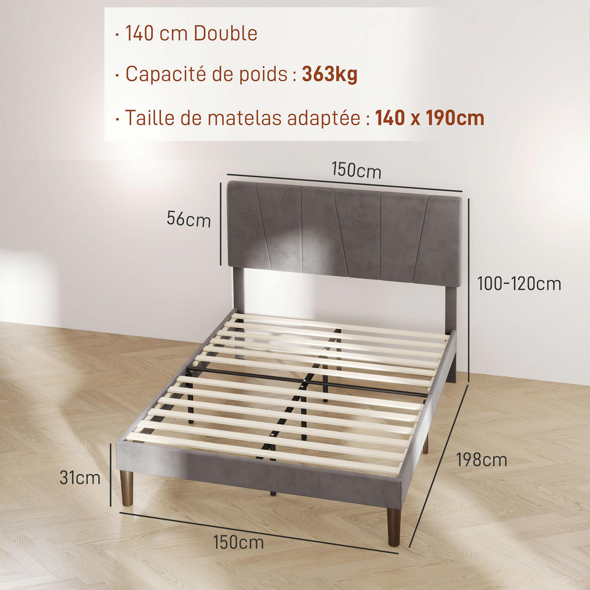 BETT 140x190 cm DE-14578 mit verstellbarem Kopfteil Grau - Grau, Metall (140/190cm) - ComfortXL
