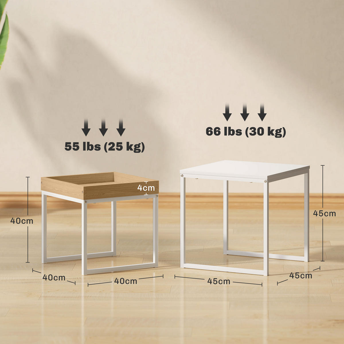 COUCHTISCH, 2er-Set, bis 30 kg Belastbar, Weiß+Eiche - Weiß, Metall (45/45/45cm) - HOMCOM