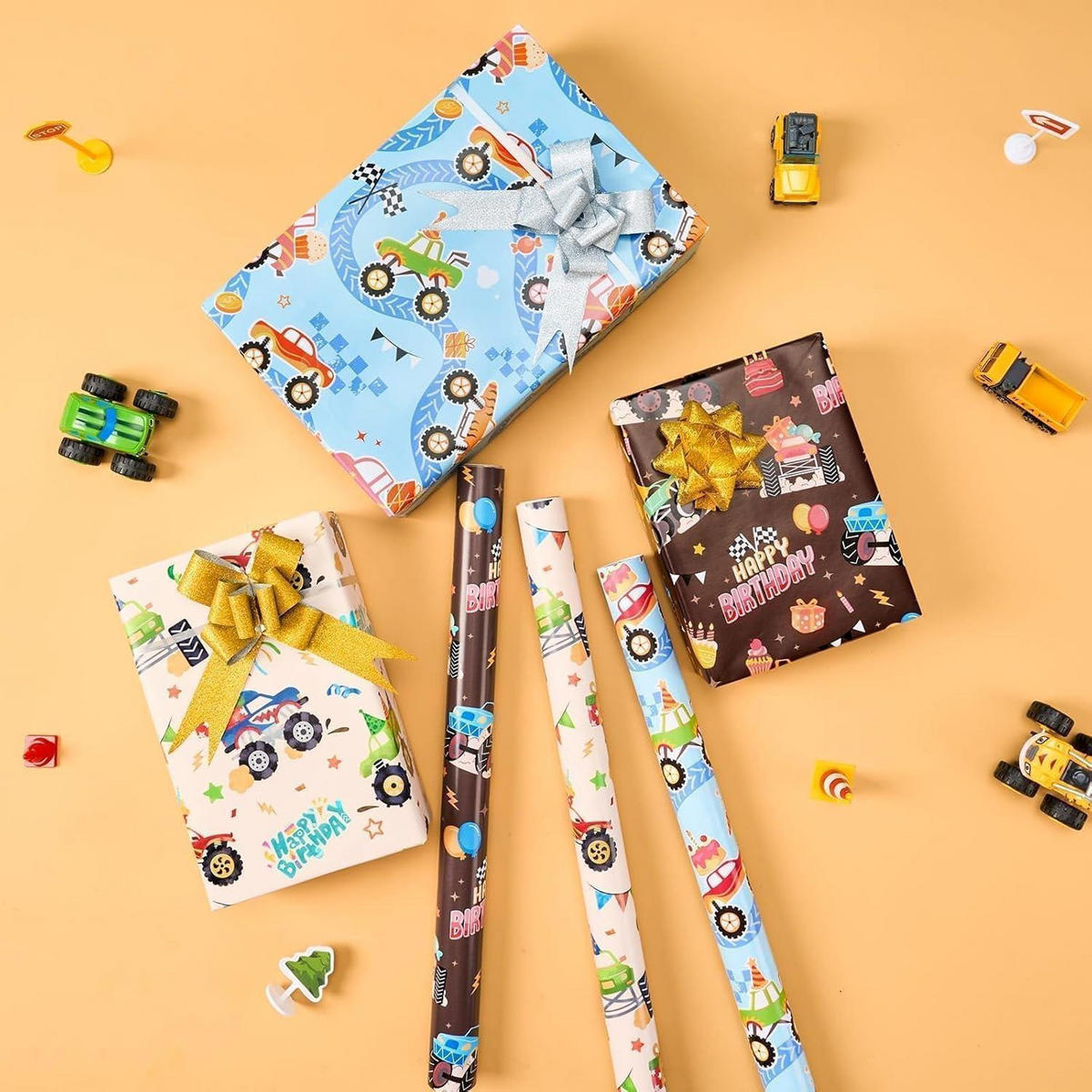 GESCHENKPAPIER 3 Rollen Monster Truck Motiv - Multicolor, Papier (43/43/43cm)