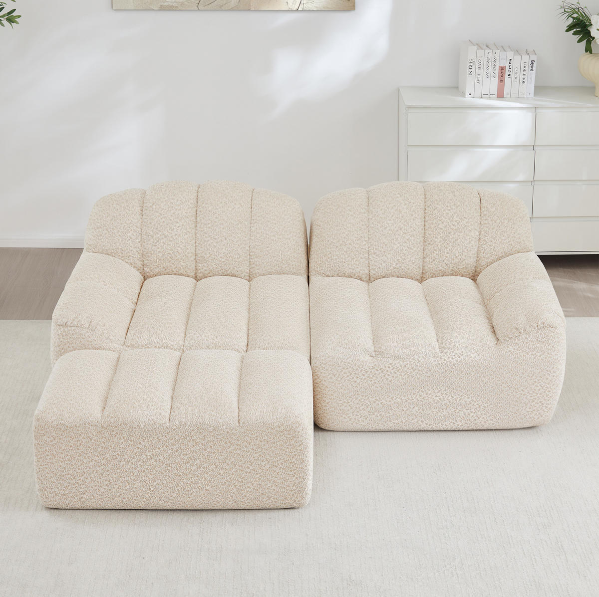 WOHNLANDSCHAFT aus granuliertem Fleece Beige-Weiß mit Ottoman, L-Form und 2-Sitzer-Funktion - Beige, Textil (210/79/165cm) - Modfu