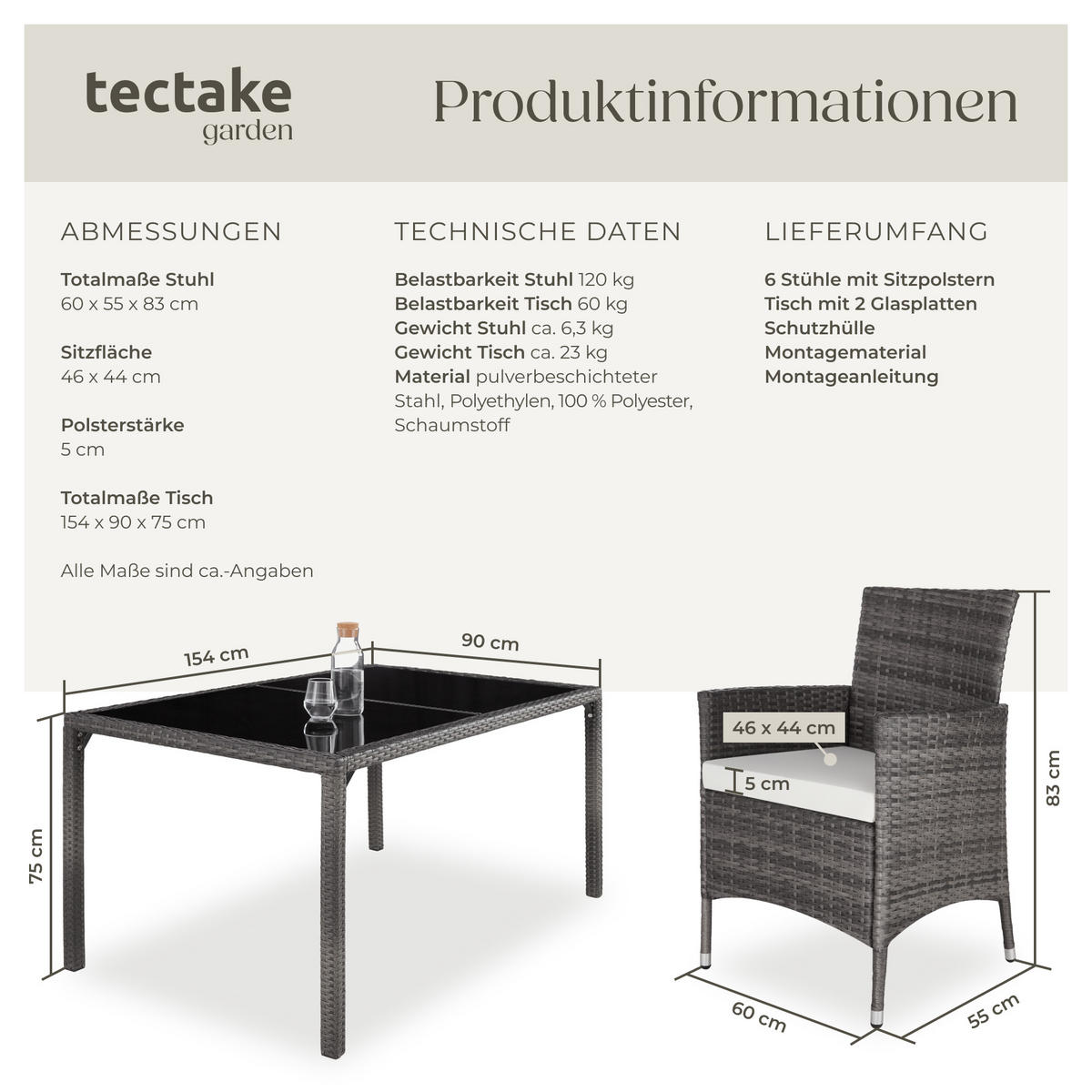 RATTAN SITZGRUPPE Porto,inklusive Schutzhülle,grau/weiß - Weiß/Grau, Kunststoff - tectake