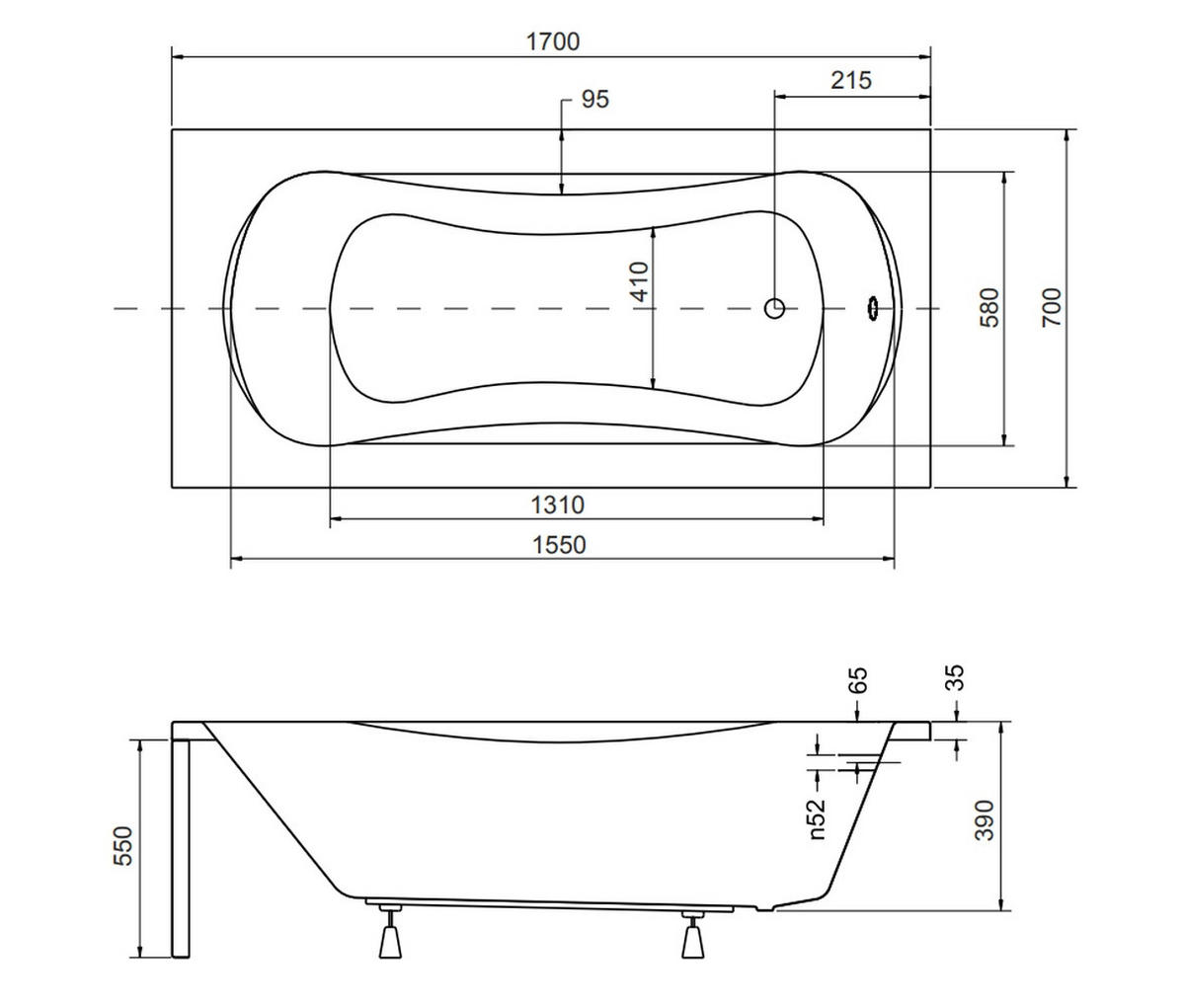 BADEWANNE Rechteck ARIA 170/70 mit Träger Ablauf Füße - Weiß, Kunststoff (70/55/170cm) - bad land