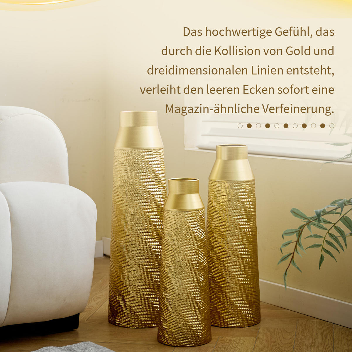 BODENVASE 3-tlg Metallvase Gold 43,5-61cm-Bodenvase mit Textur für Trockenblumen - Weiß, Metall (66.51cm) - Raelunyi