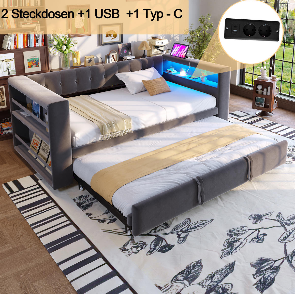ROZKLÁDACÍ postel 90/180 x 190 cm s LED osvětlením, zásuvkou a úložnými područkami, Tmavě šedá - tmavě šedá, textil (90/190cm) - Redom