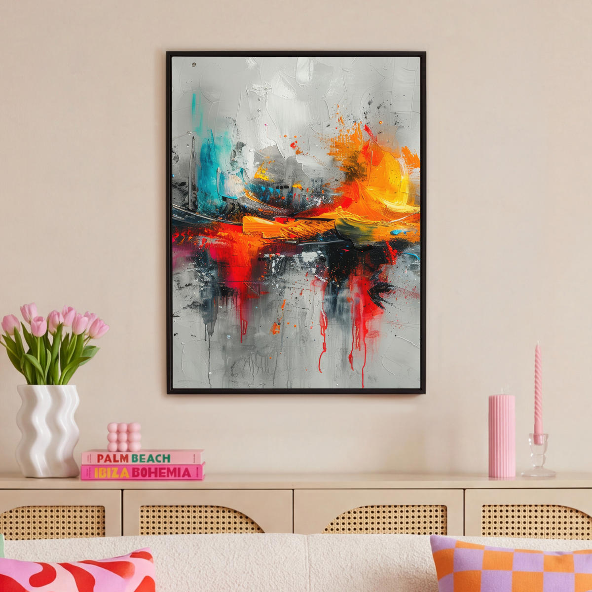 LEINWAND Bilder mit Rahmen - Moderne Kunst - Orange - Grau - Abstrakt - 70x100 - Hellgrau, Textil (70/100cm) - MuchoWow