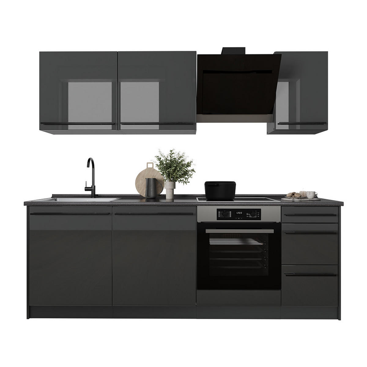 KÜCHENZEILE R-Line, Anthrazit Hochglanz/Anthrazit, 220 cm Arbeitsplatte Goldkraft Eiche - Schwarz Hochglanz/Anthrazit, Holzwerkstoff (220/81.6/60cm) - Vicco