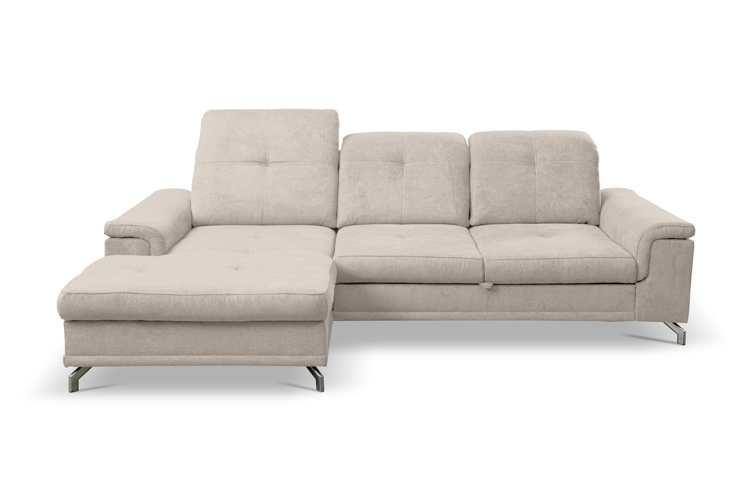 ECKSOFA PANAMA mit Schlaffunktion und Bettkasten, Farbe: Beige, Velourstoff, Ottomane Links - Beige, Textil (270/180cm) - VENASI MÖBEL