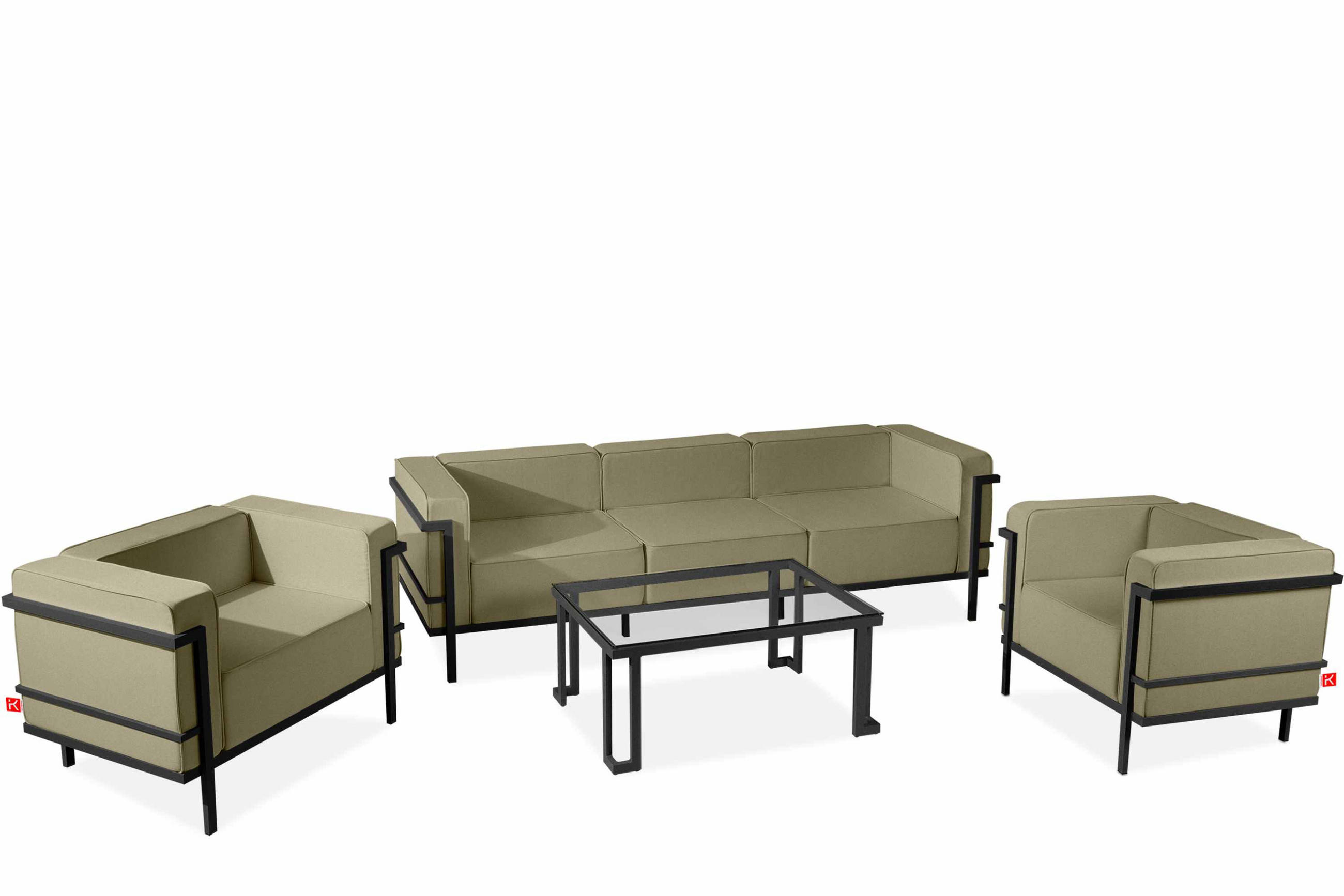 GARTENLOUNGE-SET TRIGLO 1x Tisch, 2x Sessel, 1x Sofa 3-Sitzer, 4-tlg., Modern, Dunkelgrau/Cremeweiß - Dunkelgrau/Creme, Textil/Metall - KONSIMO®