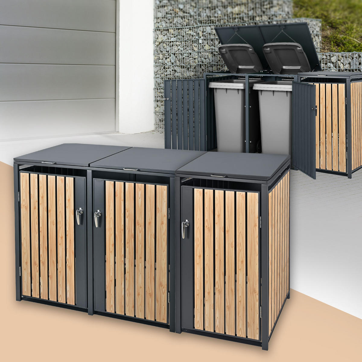 MÜLLTONNENBOX 3er Anthrazit-Lärchenoptik - Naturfarben, Metall (80/116.3/200cm) - ML-DESIGN