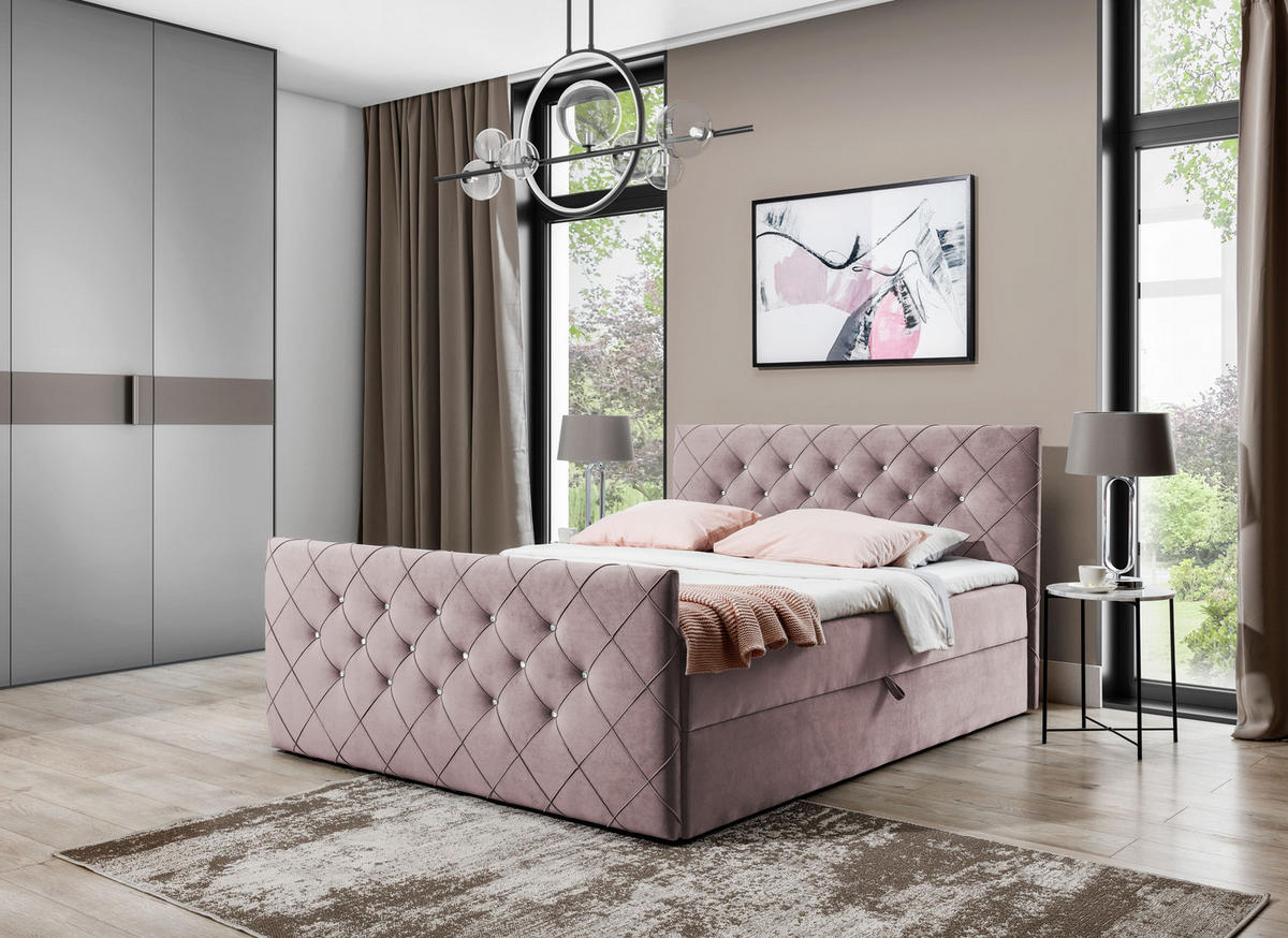 BOXBETT MALAGA 180x200 Rosa Velvet - H3 - Altrosa, Textil (180/200cm) - AN-Moebel 4u