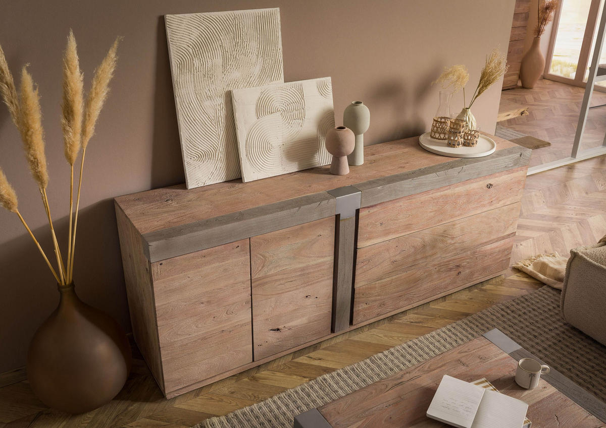 SIDEBOARD Akazie 200x45x75 beige lackiert Amsterdam #130 - Beige, Holz (200/75/45cm) - Massivmoebel24