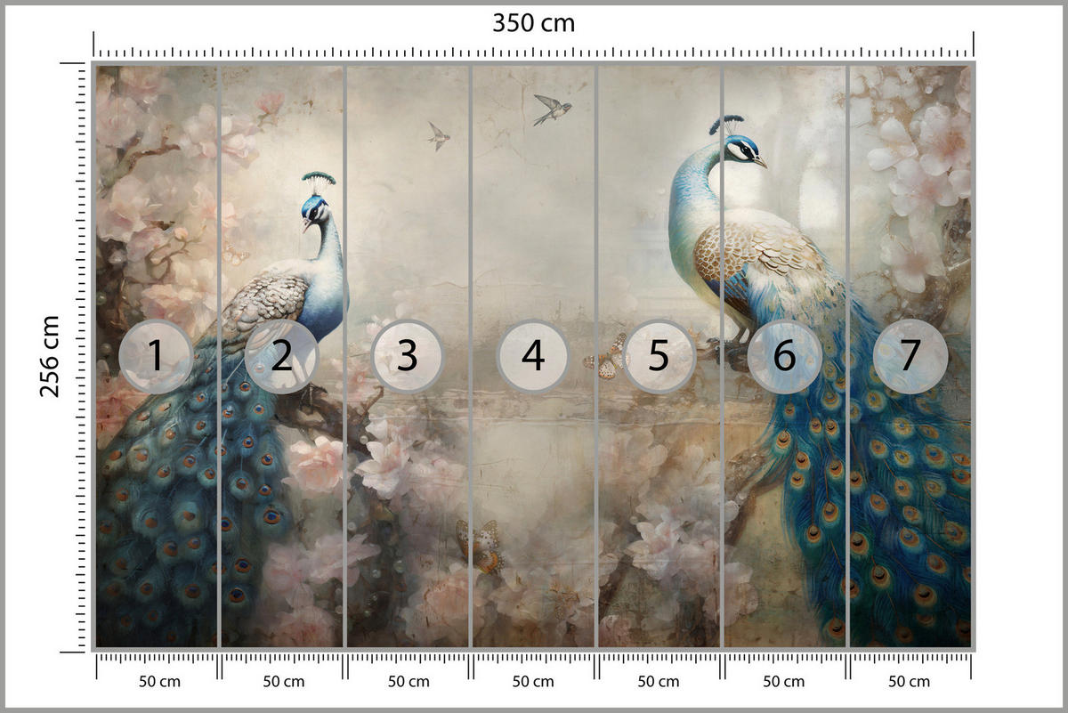 FOTOTAPETE Abstrakte Pfauen Blumen Beton Vintage 350x256 - Blau/Beige, Papier (350/256cm) - Muralo