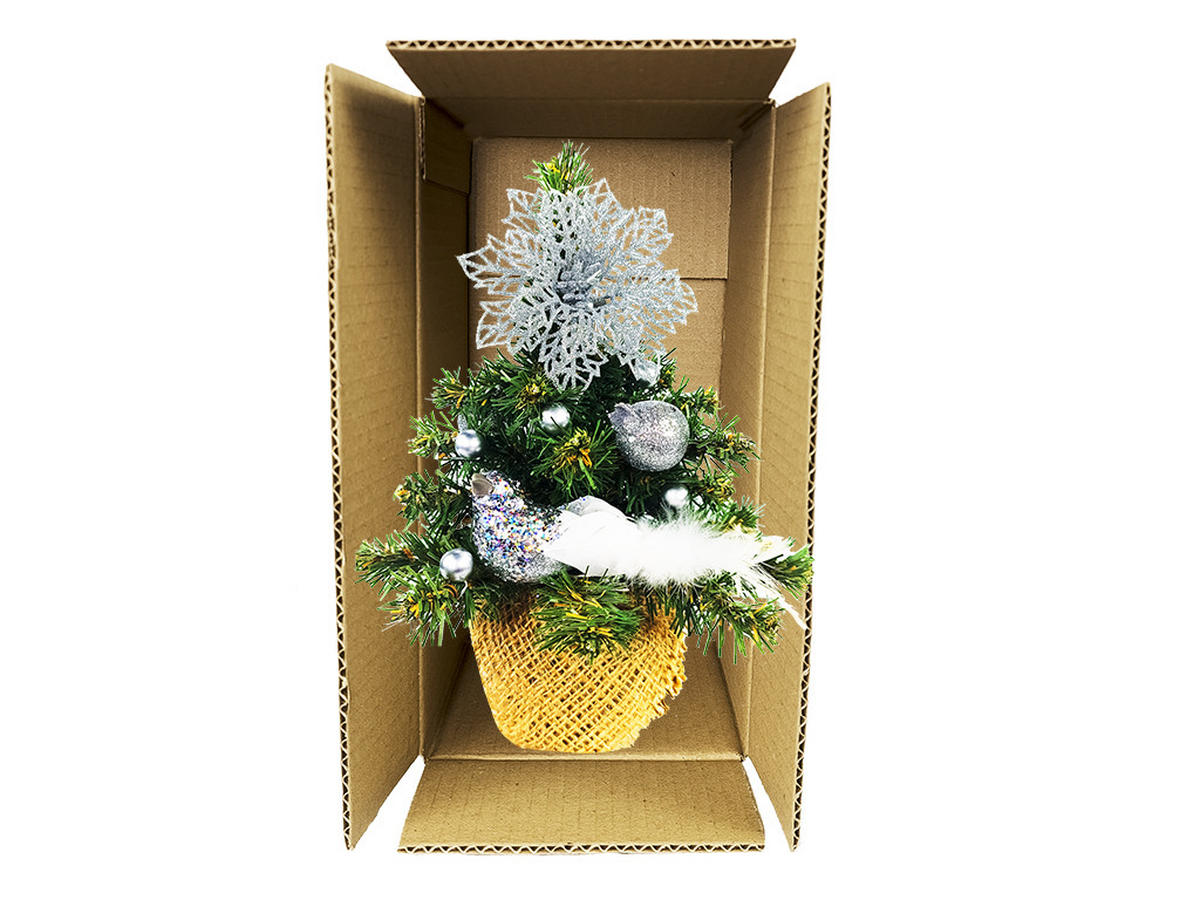 WEIHNACHTSBAUM künstlicher 25 cm, TINY 3, mit 16-teiligem Weihnachtsbaumschmuck, inkl. Metallständer und Aufbewahrungsbox - Silberfarben/Grün, Kunststoff/Stein (18/25cm) - LAALU