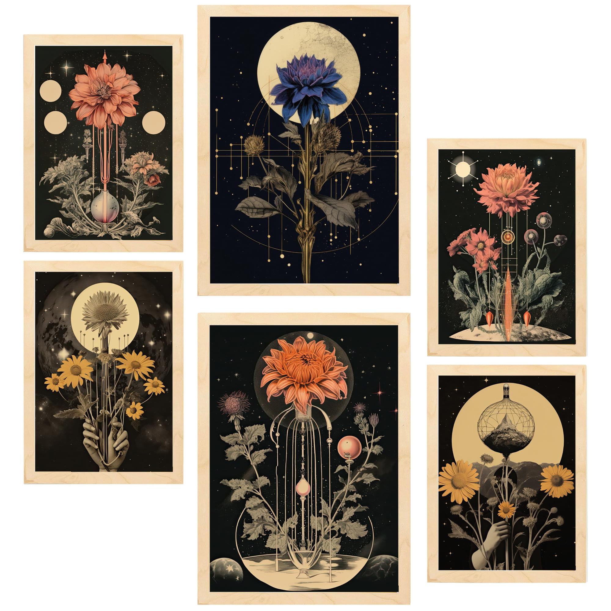 POSTER Set Mit 6 Illustration Mystischen Esoterischen A3 & A4 Rahmen Aus Hellem Holz - Beige, Papier (29/3cm) - Nacnic