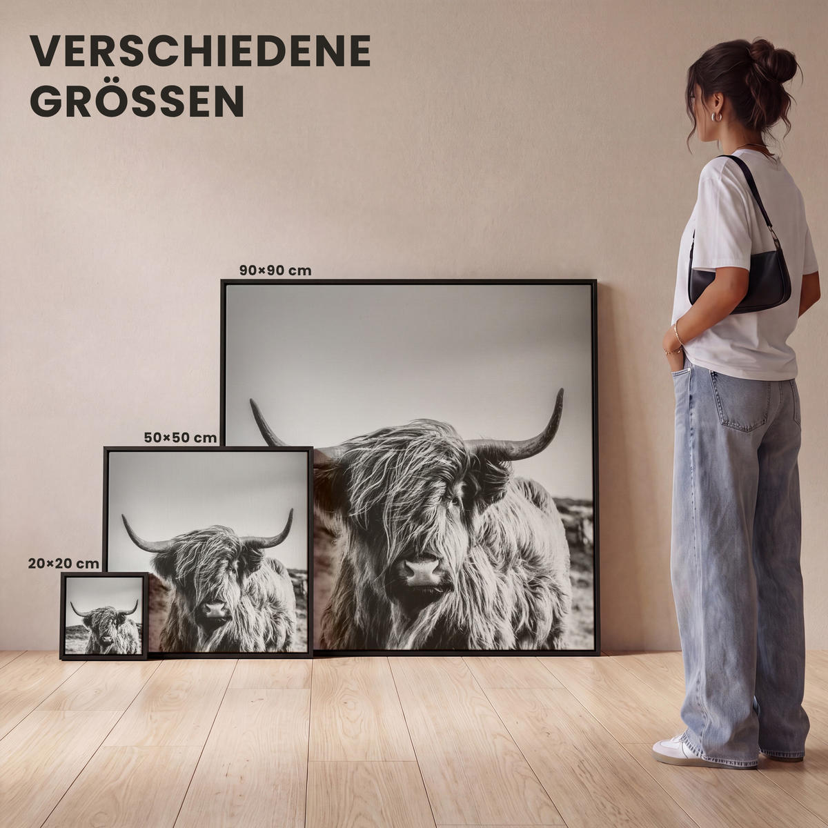 LEINWAND Bilder mit Rahmen - Kuh - Schottischer Hochländer - Schwarz - Weiß - Tier - Natur - Wildtiere - 50x50 - Schwarz, Textil (50/50cm) - MuchoWow