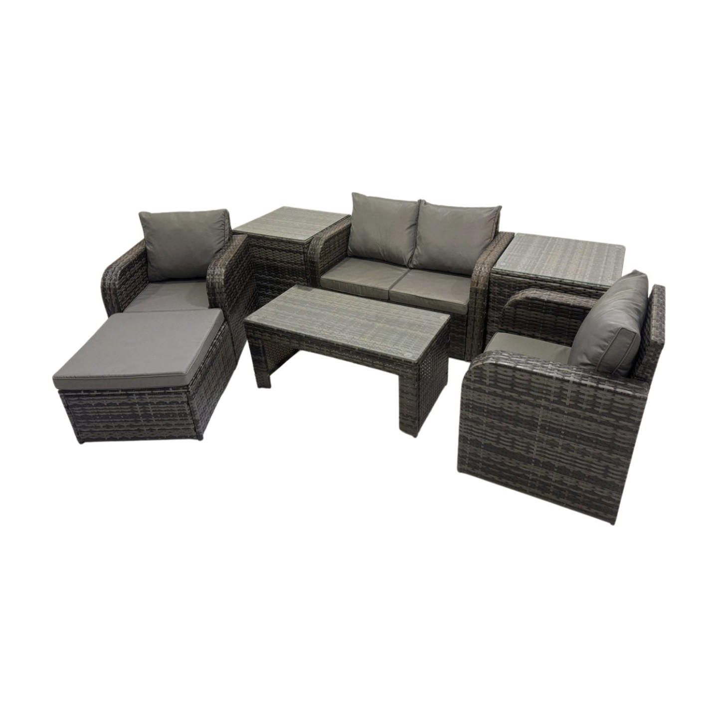 GARTENSOFA SET mit COUCHTISCH Polyrattan 5-Sitzer - Dunkelgrau/Grau, Glas/Kunststoff - Fimous