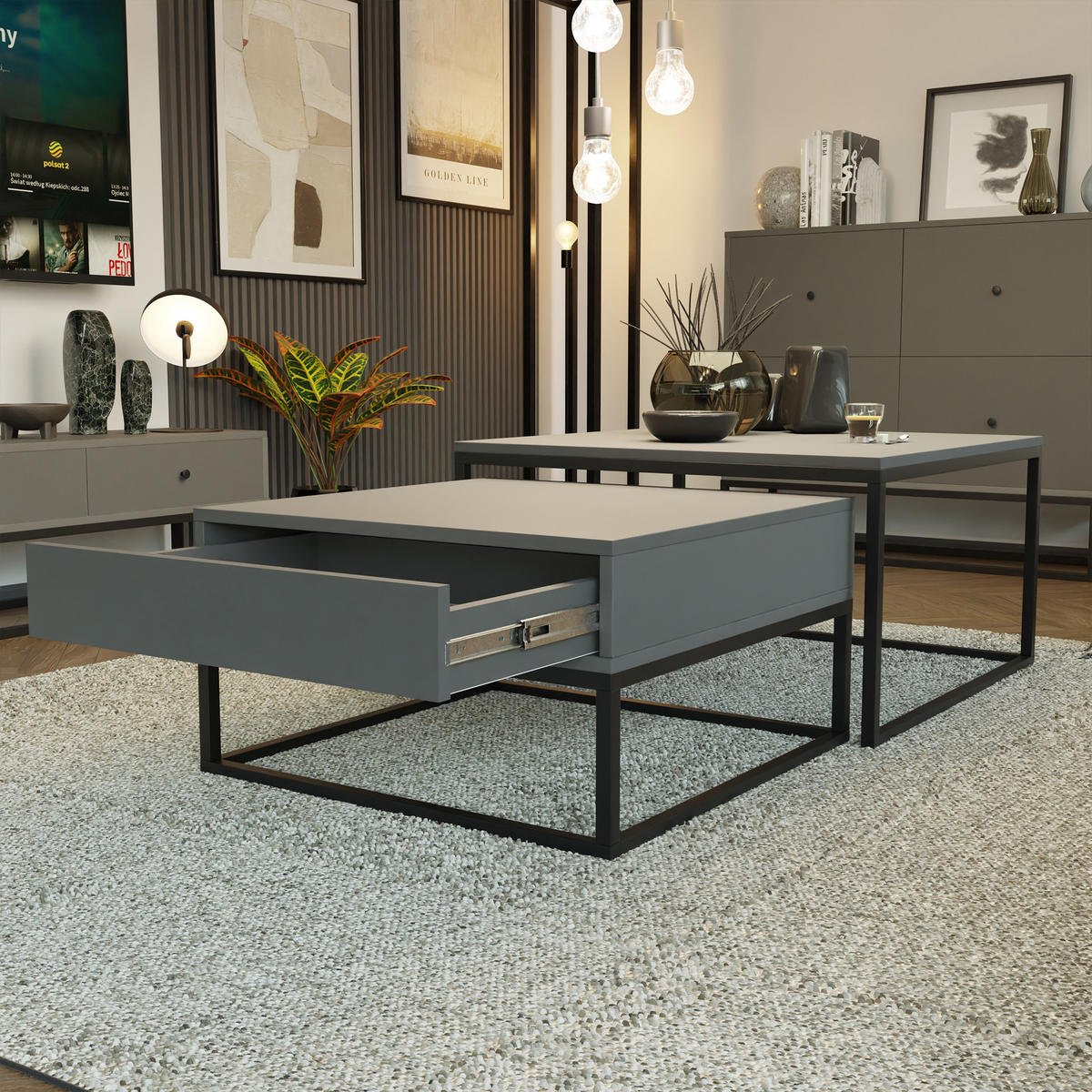 COUCHTISCH quadratisch Grau, MDF Tischplatte, Rahmen Schwarz - Schwarz/Grau, Holzwerkstoff (70/70/42cm) - Idohome