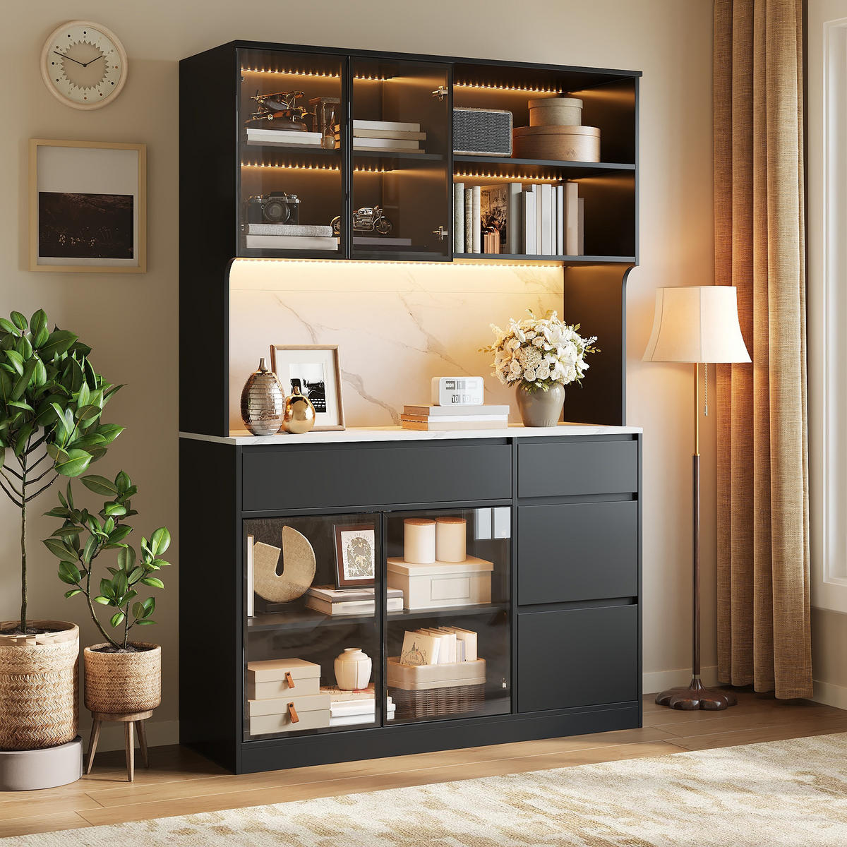 BUFFET DE-37518 120/40/180 cm mit LED-Beleuchtung Schwarz - Schwarz, Holzwerkstoff (120/180/40cm) - ComfortXL