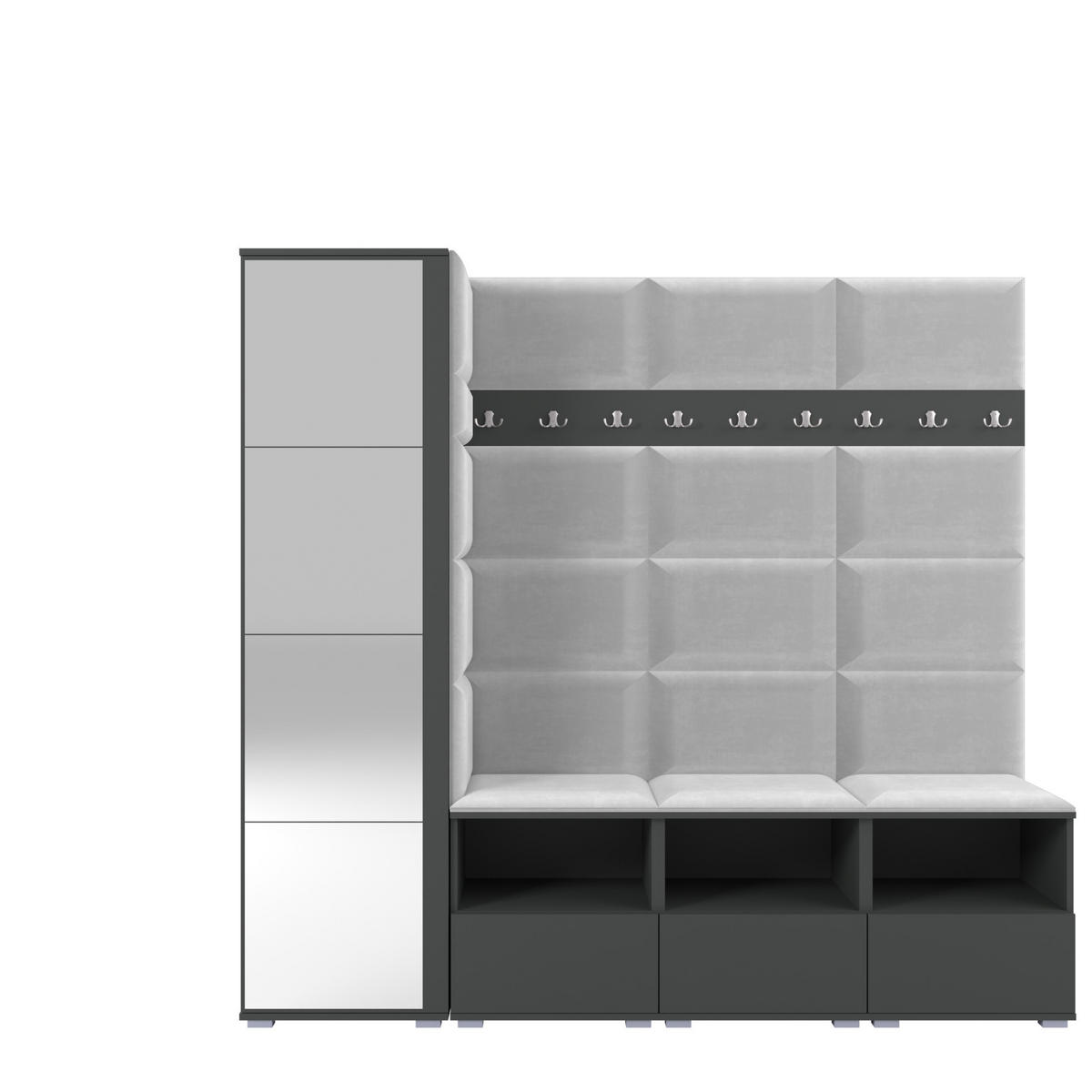 GARDEROBE NELA IX 200 cm (Modulare Flurmöbel Graphit mit Spiegel & Sitzpolster Hellgrau 32 Breite Sitzbank) - Silberfarben/Hellgrau, Holz/Holzwerkstoff (200/187/40cm) - Ravio
