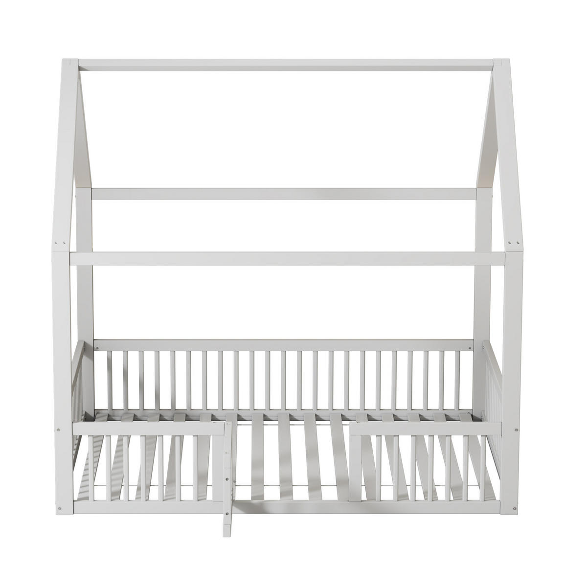HAUSBETT aus Kiefer und MDF 140x200 cm Weiß mit Rundum-Sicherheitsgitter und Tür im Hausbett-Design - Weiß, Holzwerkstoff (140/200cm) - Modfu