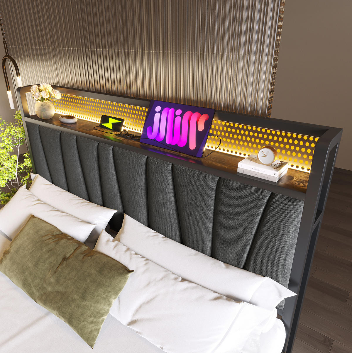 OBLAZINJENA postelja 180/200 cm z LED osvetlitvijo, USB priključki, vtičnicami in dvižnim prostorom za shranjevanje, Siva - siva, tekstil (180/200cm) - Redom